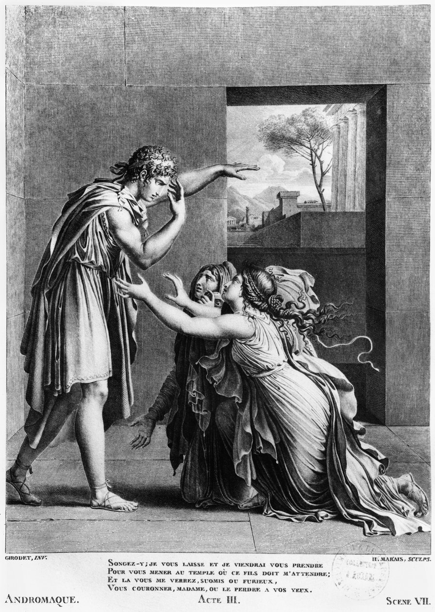 Andromacha u stóp Pyrrusa, ilustracja z aktu III scena 7 „Andromacha” Jeana Racine