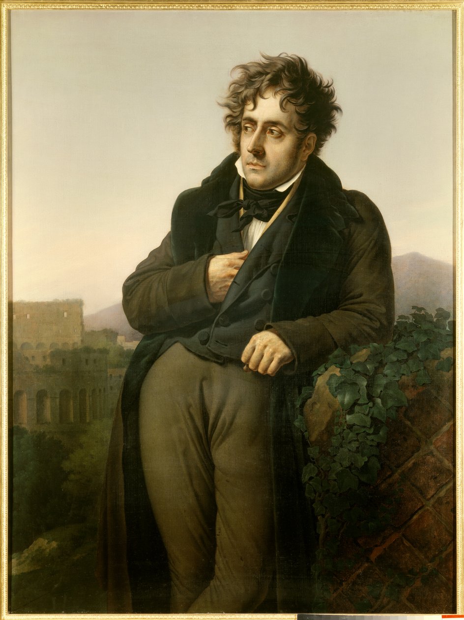 Portret Francois Rene, wicehrabiego Chateaubriand (1768-1848) medytującego nad ruinami Rzymu przed widokiem na Colise autorstwa Anne Louis Girodet de Roucy Trioson