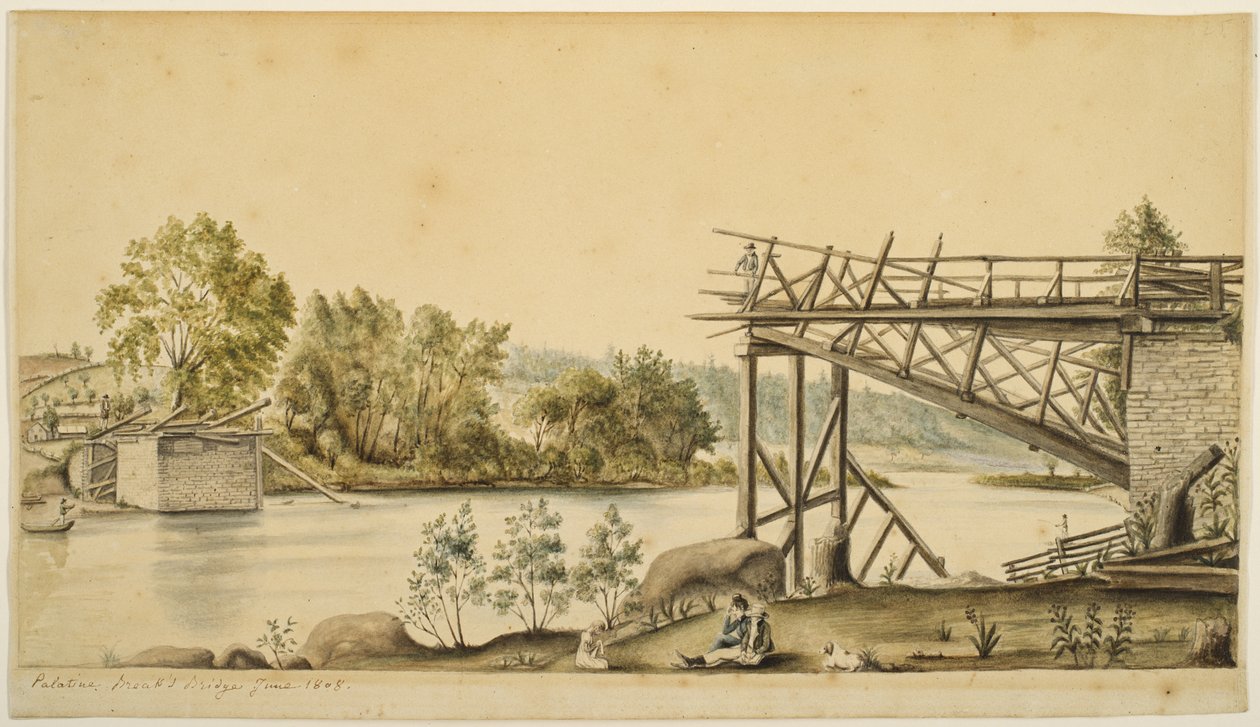Niekompletny most, Palatyn, Nowy Jork, 1808 (akwarela i grafit na papierze) autorstwa Anne Marguerite Hyde de Neuville
