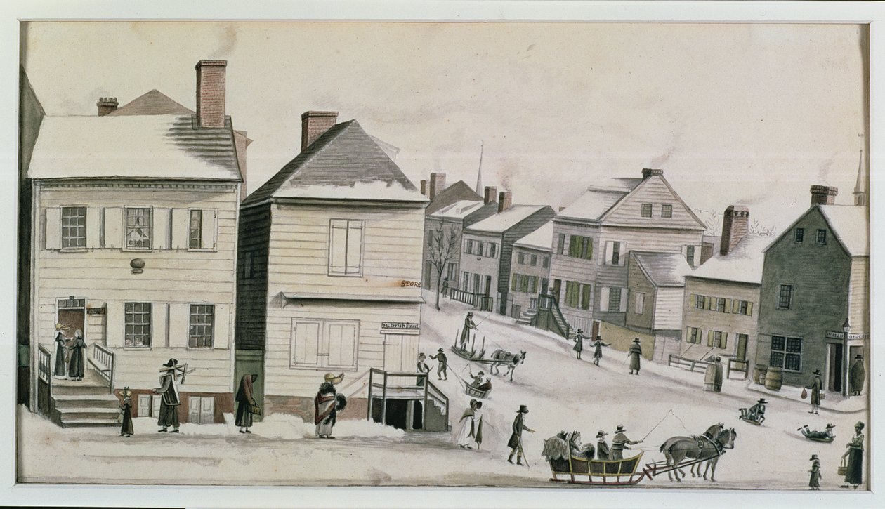 Róg ulic Warren i Greenwich, 1809 r. autorstwa Anne Marguerite Hyde de Neuville