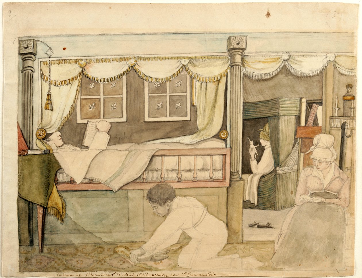 Kabina Hyde De Neuville na Eurydice, 1816 (akwarela, grafit i czarno-brązowy tusz na papierze, oprawiona na kartonie) autorstwa Anne Marguerite Hyde de Neuville