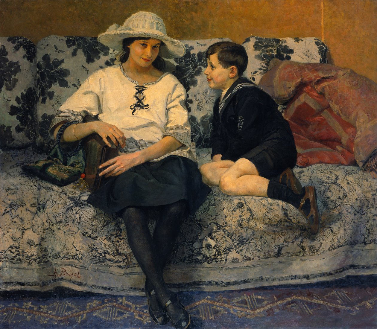 Młoda dziewczyna i młody chłopak na kanapie (olej na płótnie) autorstwa Anne Marie Henriette Brejat