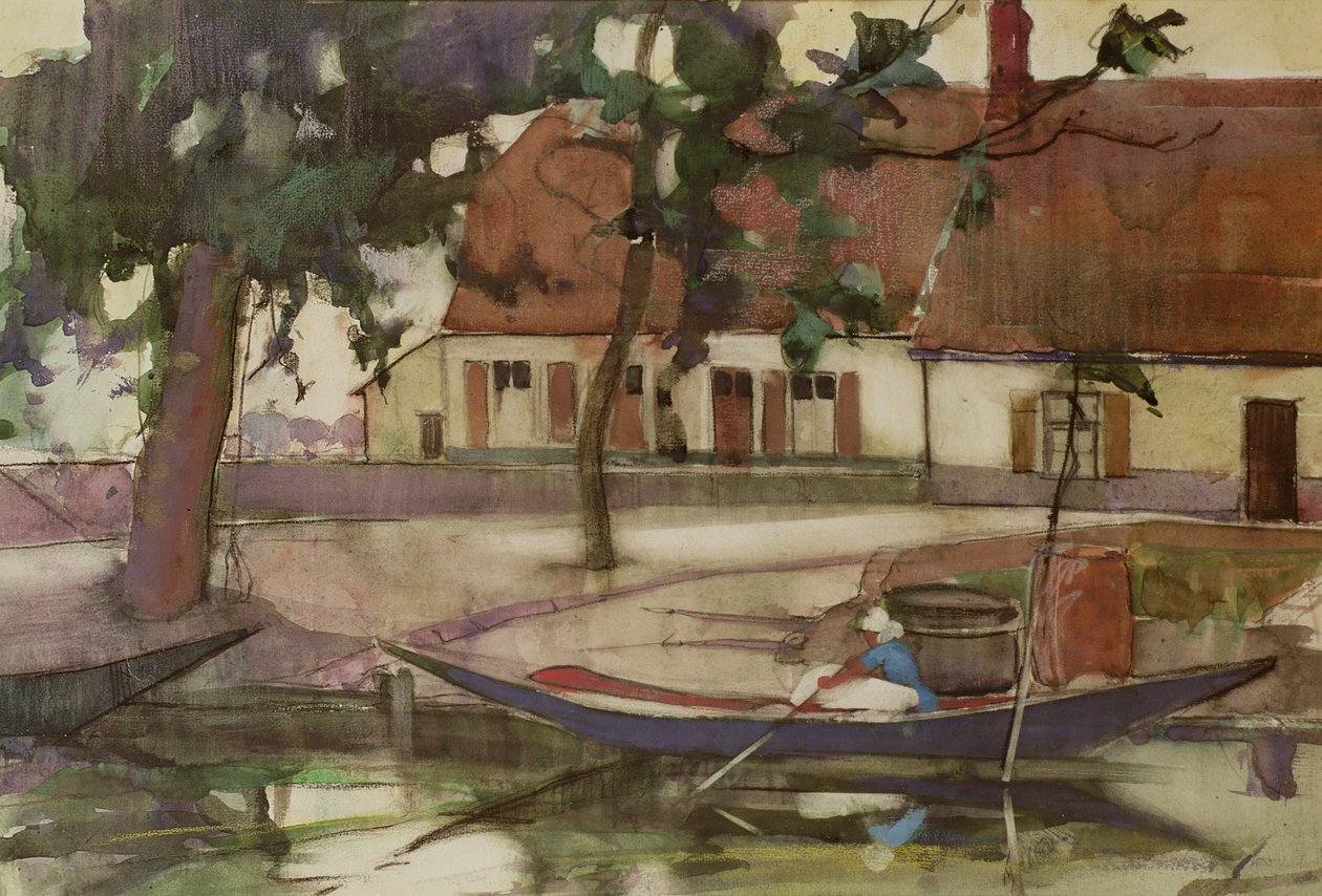 Łódź na kanale, francuska wioska autorstwa Anne Redpath