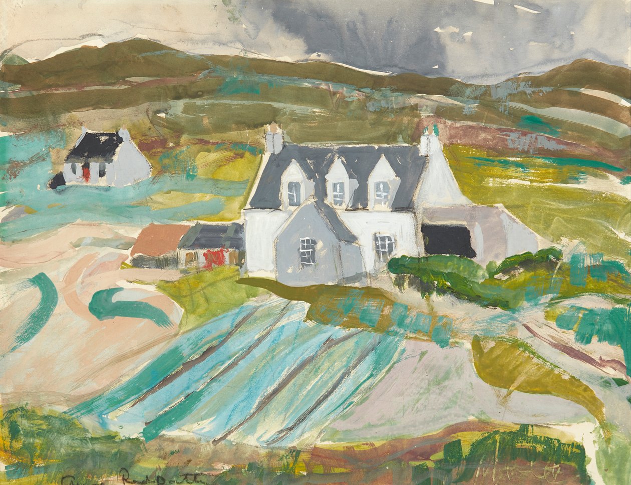 Domki w Clachanish, Skye (ołówek i akwarela) autorstwa Anne Redpath