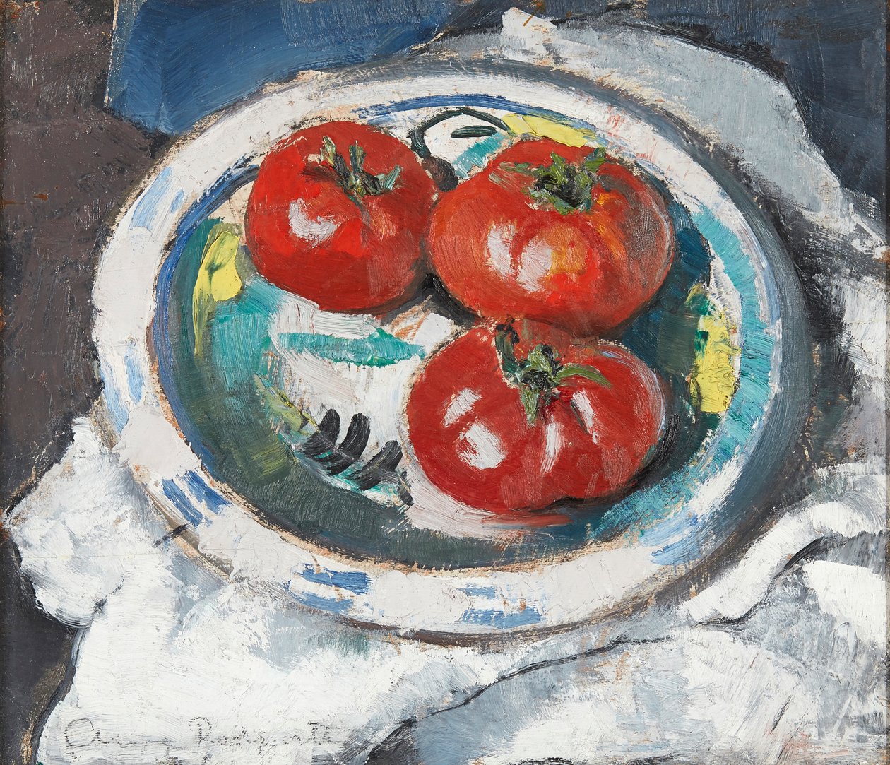 Martwa natura - trzy pomidory (olej na desce) autorstwa Anne Redpath