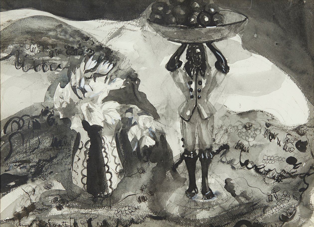 Martwa natura z figurką (akwarela czarno-biała) autorstwa Anne Redpath