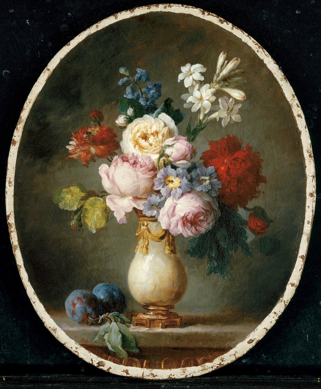 Wazon z kwiatami i dwiema śliwkami na marmurowym blacie, 1781 autorstwa Anne Vallayer Coster