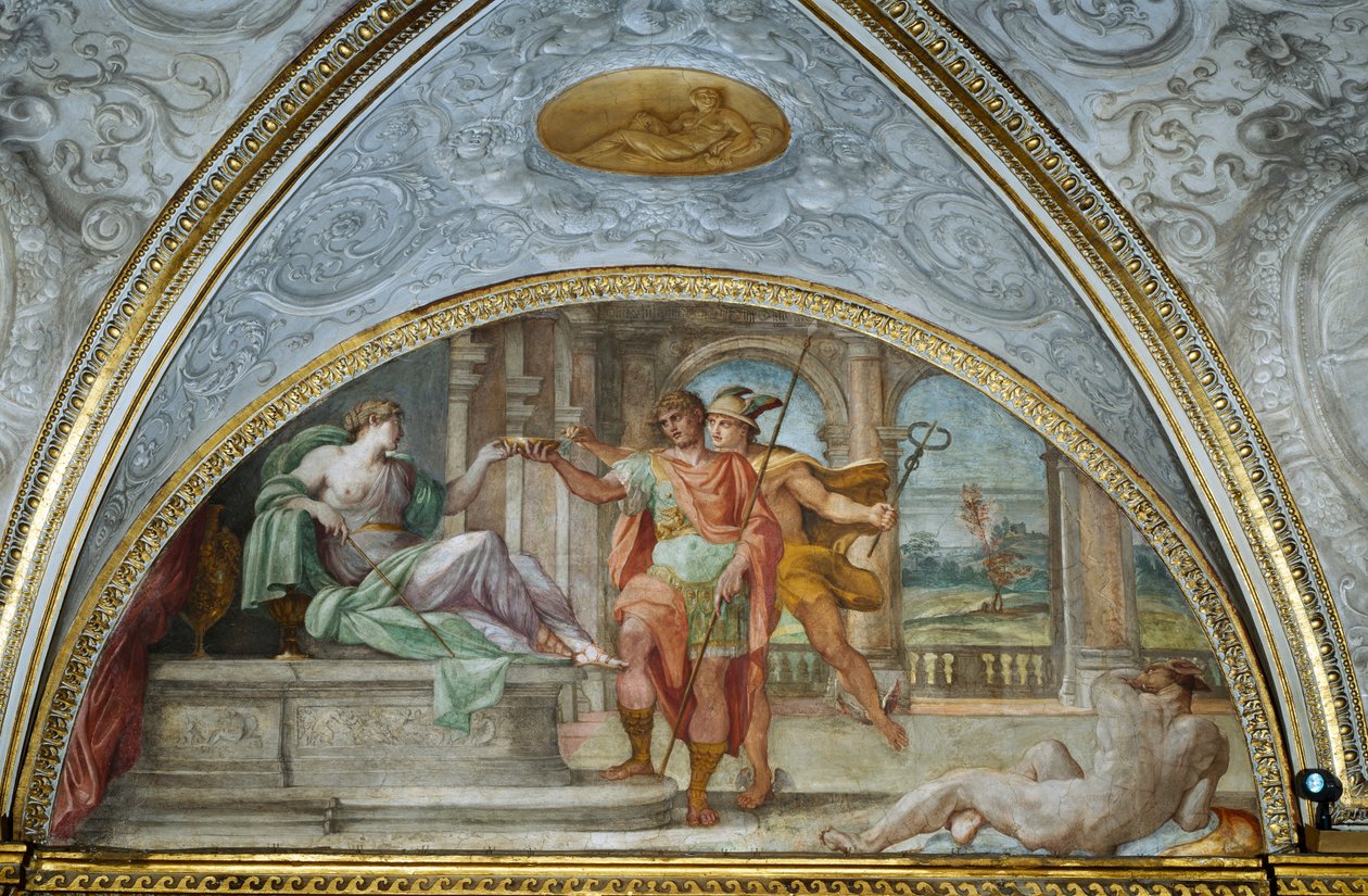 Luneta przedstawiająca cyrk czarodziejki ofiarowujący Ulissesowi miskę zatrutej zupy i rtęci dodający ziołowe antidotum, z „Camerino”, 1596 autorstwa Annibale Carracci