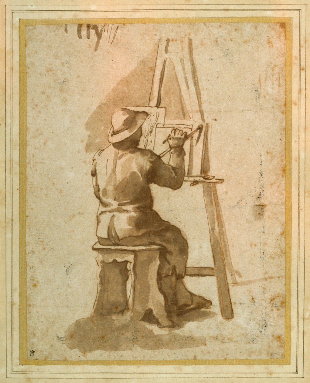 Młody malarz siedzący przy sztalugach (pióro i atrament z kredą na papierze) autorstwa Annibale (follower of) Carracci
