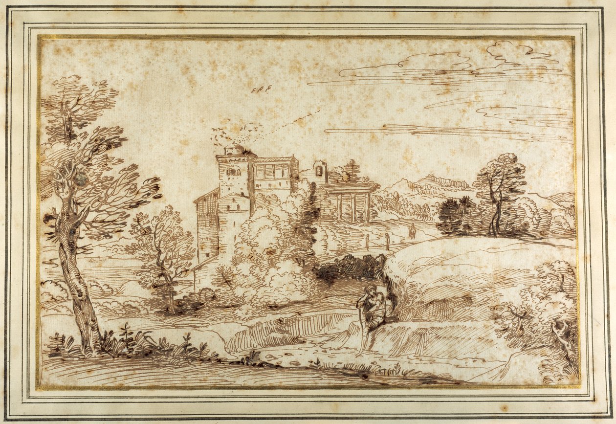 Krajobraz z zamkiem i ruinami klasycznego portyku (pióro i brązowy tusz na papierze) autorstwa Annibale (follower of) Carracci
