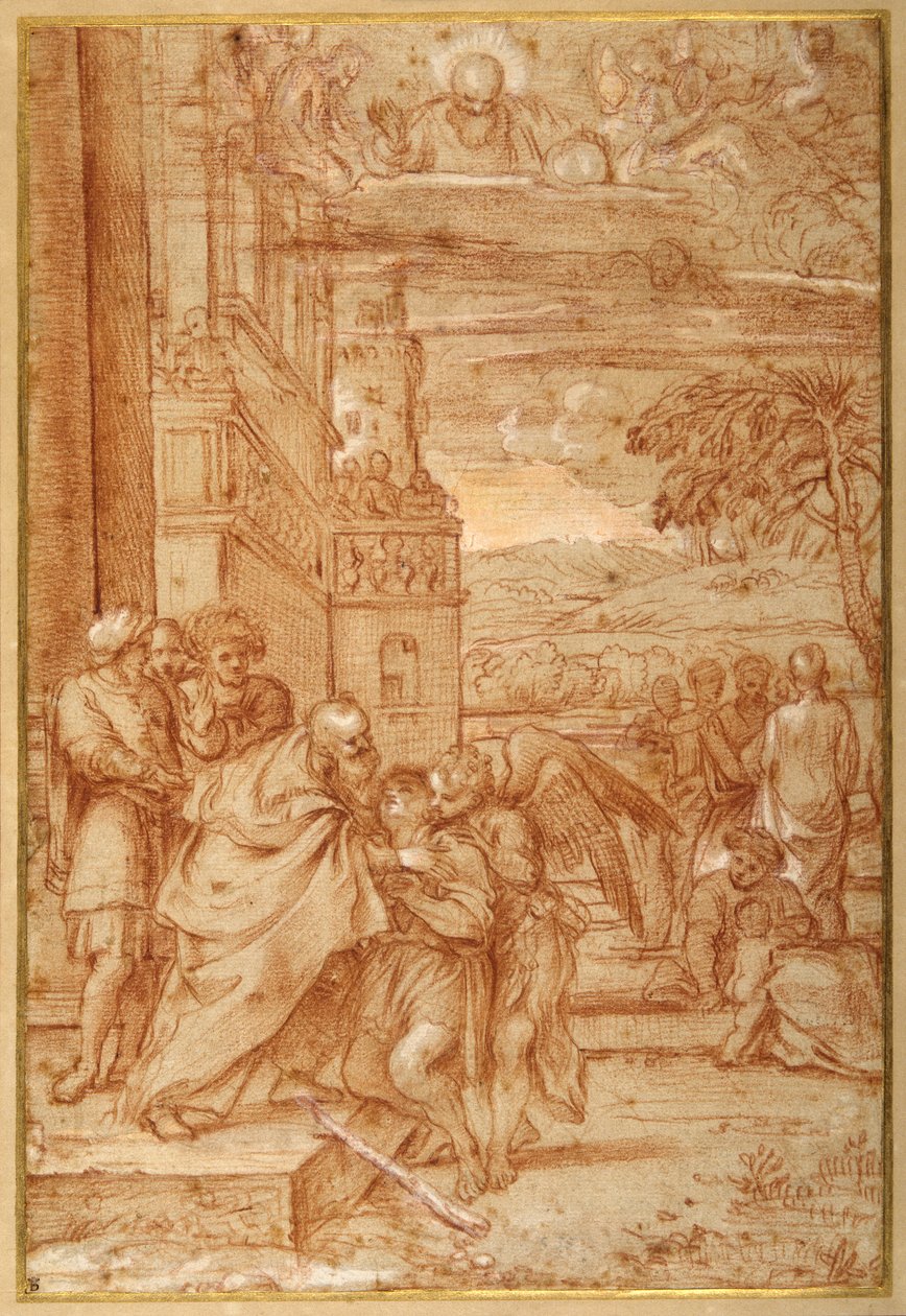 Powrót syna marnotrawnego po Annibale Carracci (czerwona kreda i podwyższenie na papierze) autorstwa Annibale (follower of) Carracci