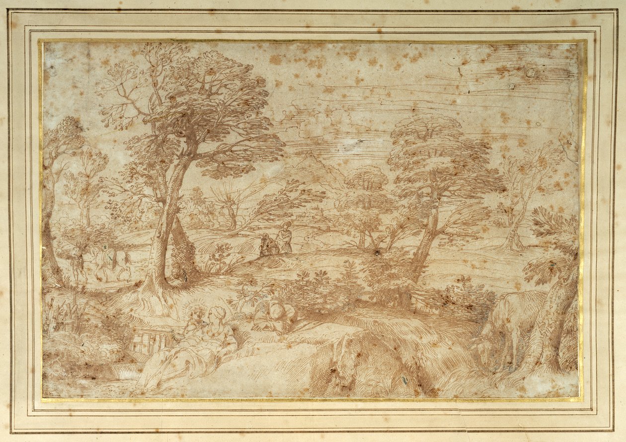 Pejzaż z odpoczynkiem w ucieczce z Egiptu, wg Annibale Carracci (pióro i brązowy tusz na papierze) autorstwa Annibale (studio of) Carracci