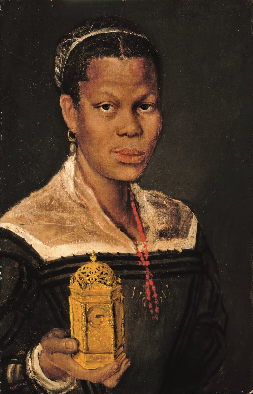 Portret czarnoskórej kobiety w popiersiu, noszącej koralowy naszyjnik i trzymającej w prawej ręce zegar stołowy z ormolu (olej na płótnie) autorstwa Annibale (studio of) Carracci