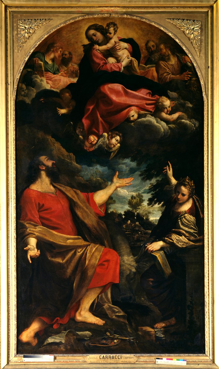 Objawienie Dziewicy św. Łukaszowi i św. Katarzynie Aleksandryjskiej Obraz Annibale Carracci lub Annibal Carrache (1560-1609). 1592. Niedz. 2,26x4,01 m Paryż, muzeum Luwru. autorstwa Annibale Carracci
