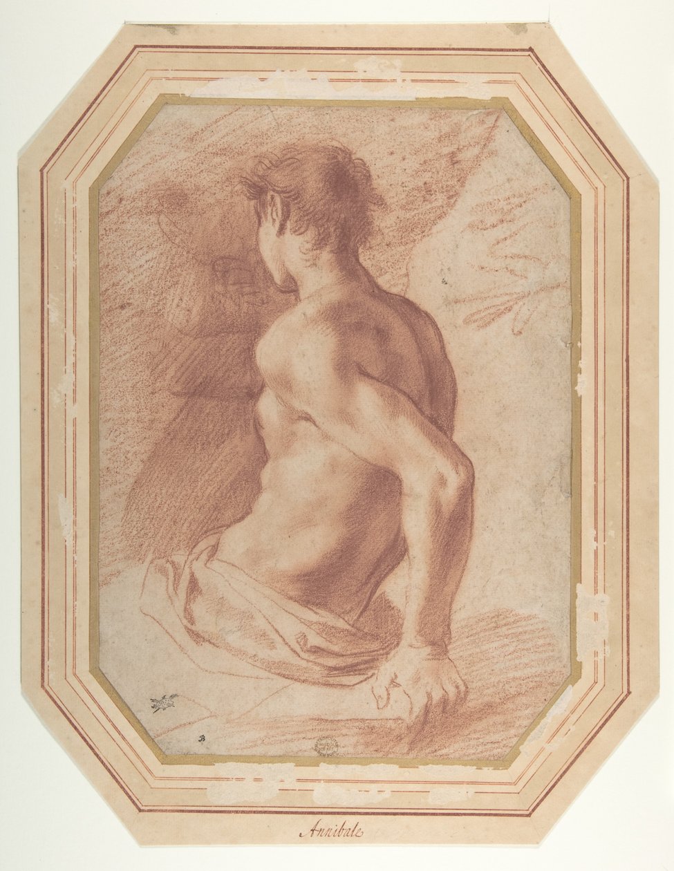 Widok od tyłu siedzącego nagiego młodzieńca zwróconego w lewo autorstwa Annibale Carracci