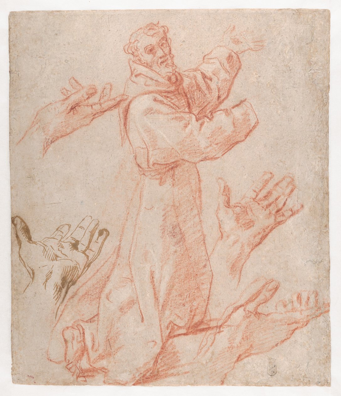 Carracci - Studia nad postacią świętego Franciszka klęczącego w widoku z trzech ćwiartek i nad jego dłońmi (recto), 1583-85 autorstwa Annibale Carracci
