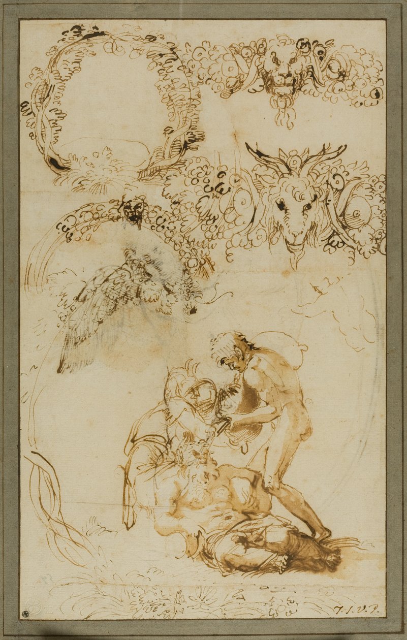 Pijany Silenus i szkice dekoracyjne: Studia dla Tazza Farnese (recto); Walka dwóch puttów: Studium dla Galleria Farnese (verso) autorstwa Annibale Carracci