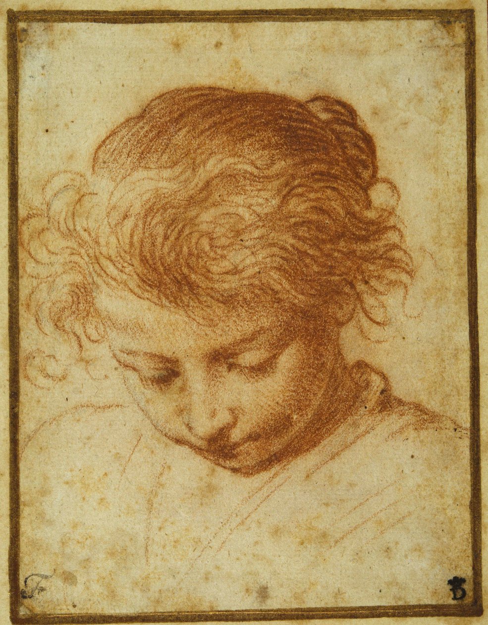 Głowa młodej dziewczyny patrzącej w dół (czerwona kreda na kremowym papierze) autorstwa Annibale Carracci