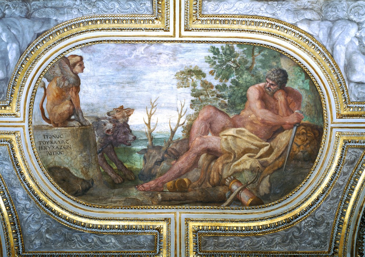 Herkules i Sfinks z Cerberem, z „Camerino”, 1596 autorstwa Annibale Carracci