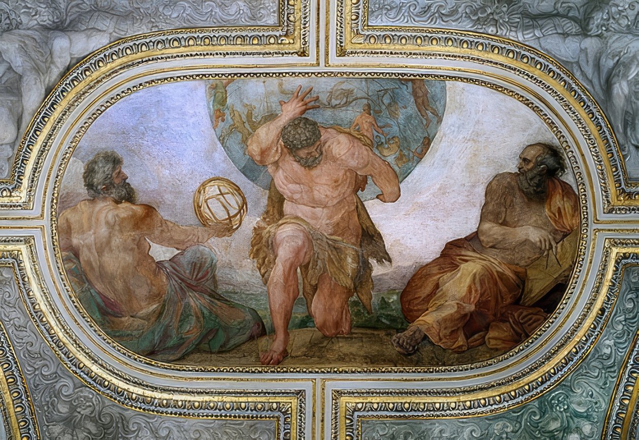 Herkules niesie sklepienie nieba dla Atlasa (fresk w Camerino). 1596 autorstwa Annibale Carracci