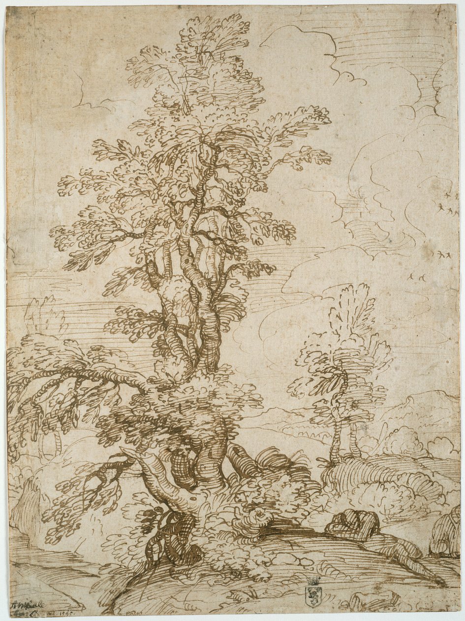 Pejzaż z mężczyzną śpiącym pod drzewem (recto); Pejzaż z jeźdźcem (verso) autorstwa Annibale Carracci