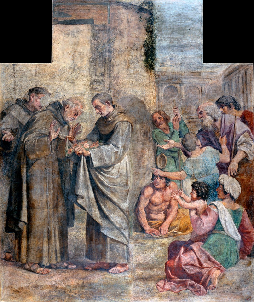 Cud róż - oskarżony o kradzież żywności hiszpański mnich franciszkański św. Diego z Alcala (1400-1463) odkrywa, że ​​żywność ukryta w jego habicie, aby dać je ubogim, zamieniła się w róże - Obraz Annibale Carracci (Annibale Carracci) autorstwa Annibale Carracci
