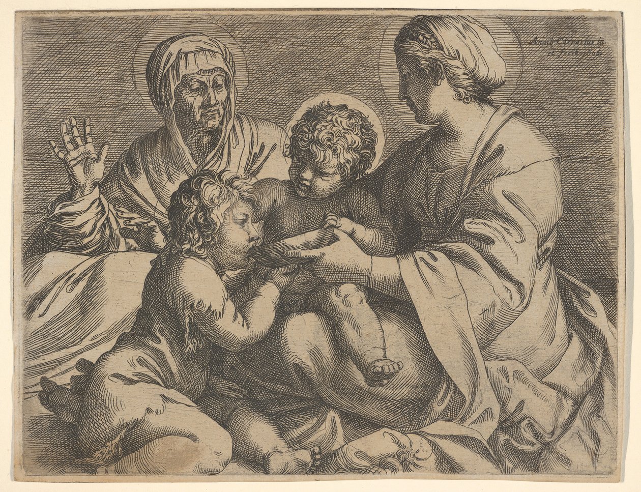 Madonna z Dzieciątkiem ze świętymi Elżbietą i Janem Chrzcicielem Madonna della Scodella,..., 1606. autorstwa Annibale Carracci