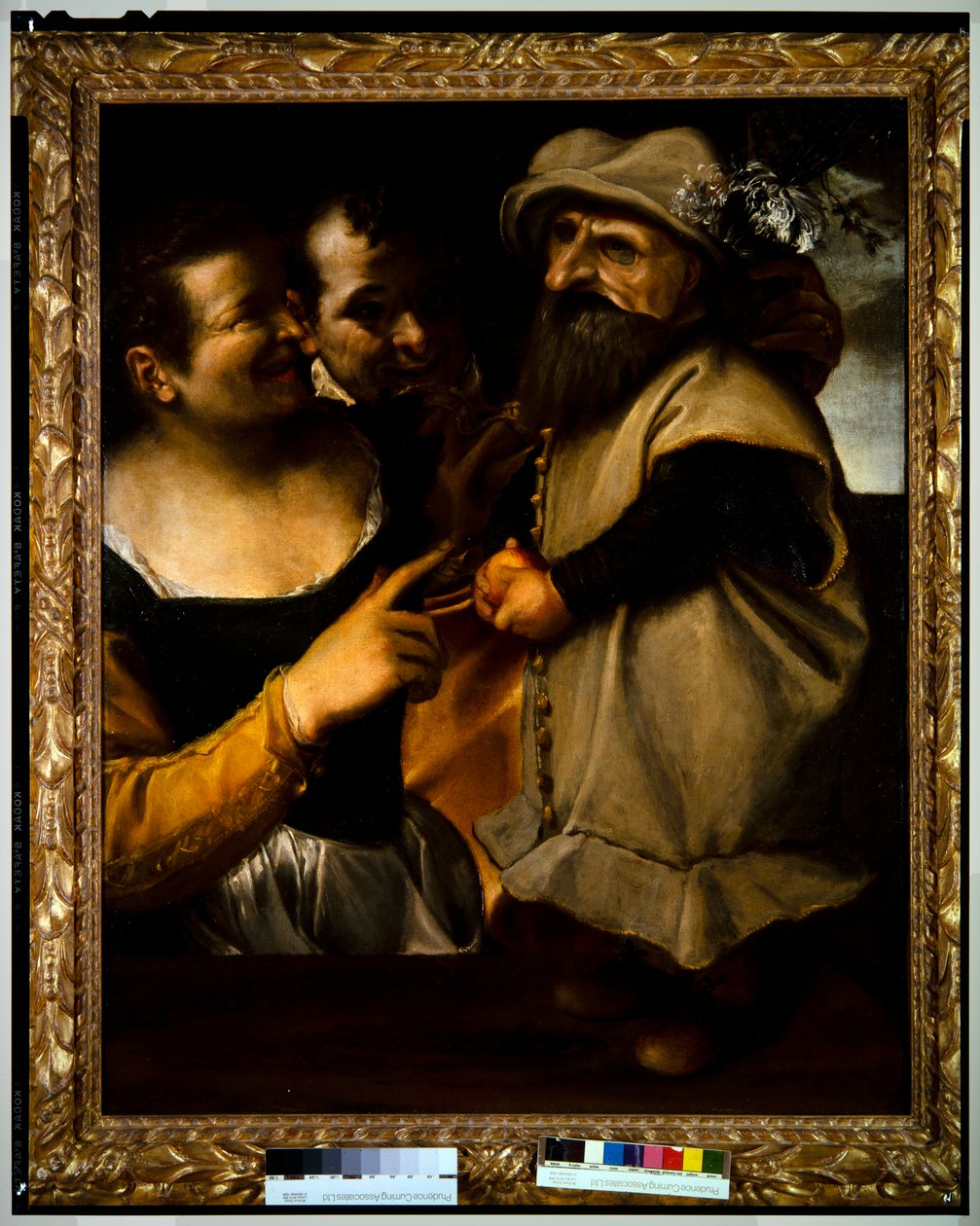 Mężczyzna i kobieta podziwiający dziecko w kostiumie maskaradowym, ok. 1582-85 (olej na płótnie) autorstwa Annibale Carracci