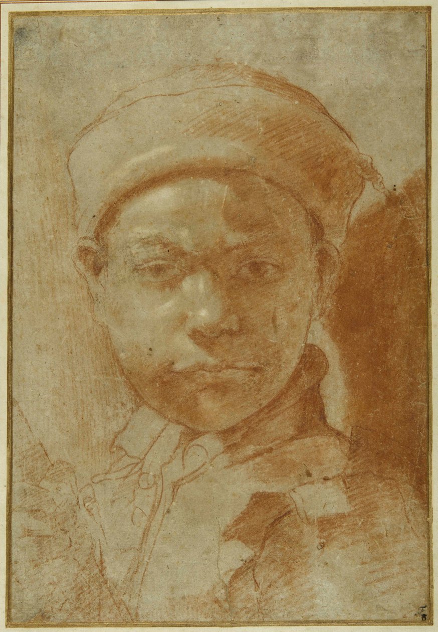 Portret młodzieńca, do biustu, w okrągłej czapce (czerwona kreda na szarym papierze) autorstwa Annibale Carracci