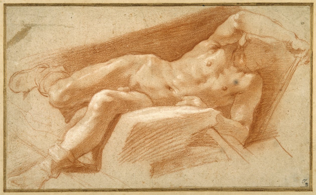 Leżący młodzieniec pozował nago, z wyjątkiem rajstop zaciągniętych do kostek (czerwona kreda na papierze) autorstwa Annibale Carracci