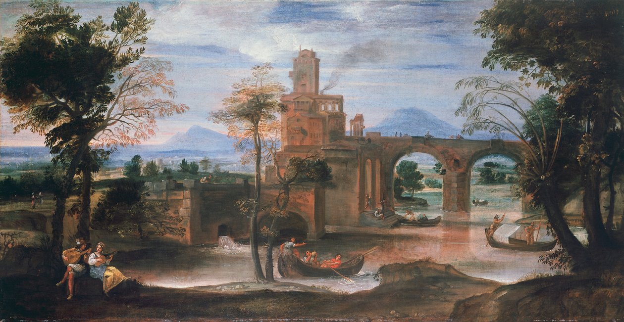 Krajobraz rzeki z zamkiem i mostem, ok. 1598 (olej na płótnie) autorstwa Annibale Carracci