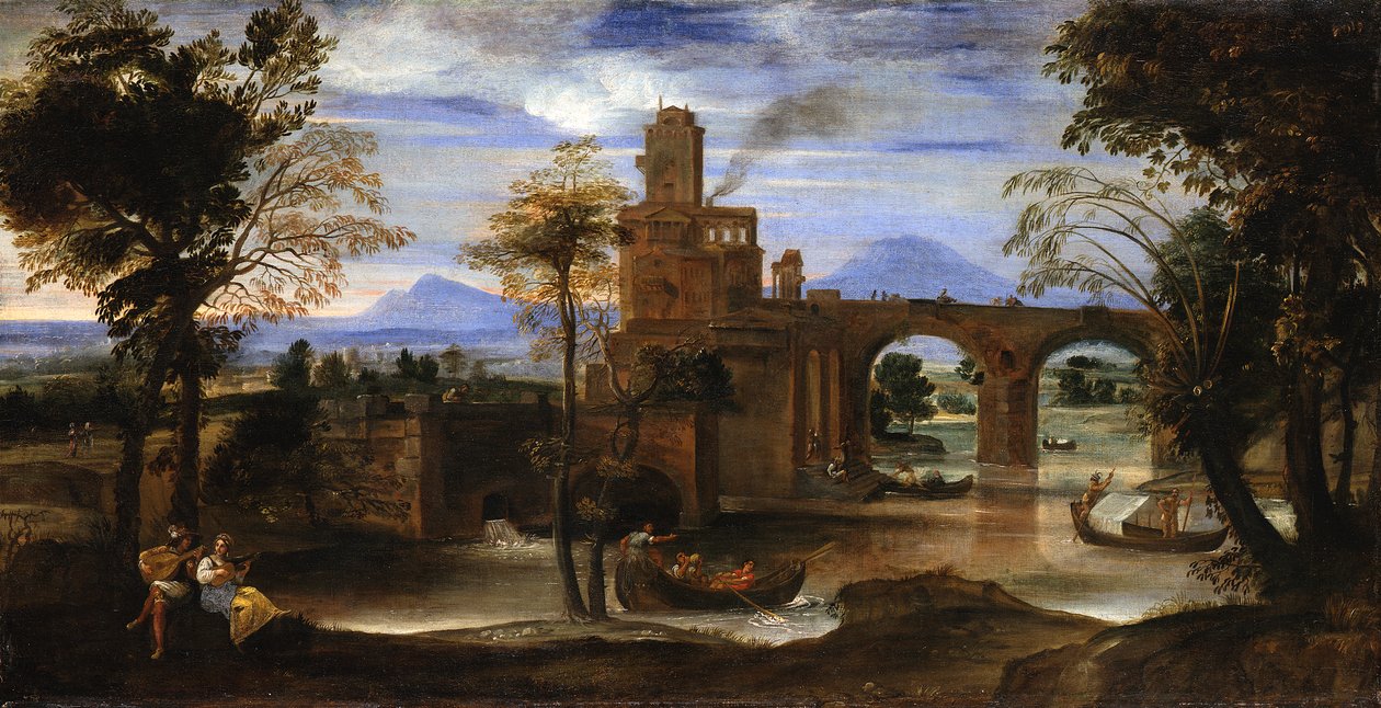 Rzymski krajobraz rzeczny z zamkiem i mostem autorstwa Annibale Carracci