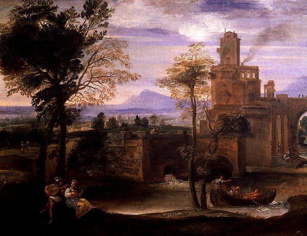 Pejzaż rzymski z mostem (olej na płótnie) (detal 186429) autorstwa Annibale Carracci