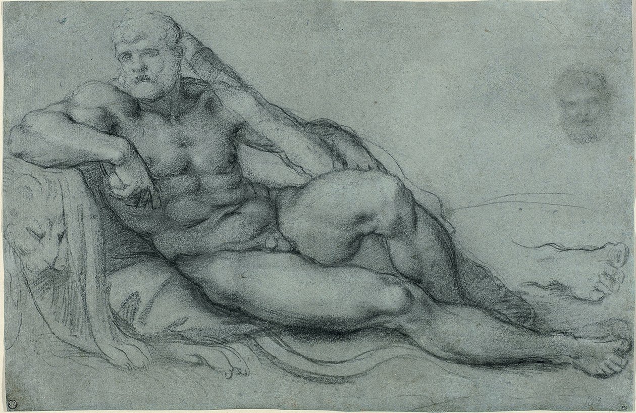 Studium odpoczywającego Herkulesa z oddzielnymi studiami jego głowy i stóp (recto); prostokątna siatka (verso) autorstwa Annibale Carracci