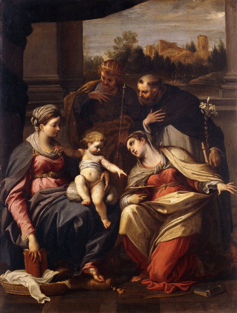 Madonna z Dzieciątkiem ze świętymi Łucją, Dominikiem i Ludwikiem z Francji, pejzaż z miastem przez skrzydło za nim, autorstwa Annibale Carracci
