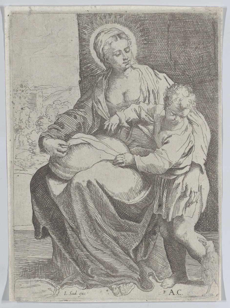 Siedząca Dziewica trzymająca poduszkę na kolanach z młodym Chrystusem stojącym po prawej..., 1580-1600. autorstwa Annibale Carracci