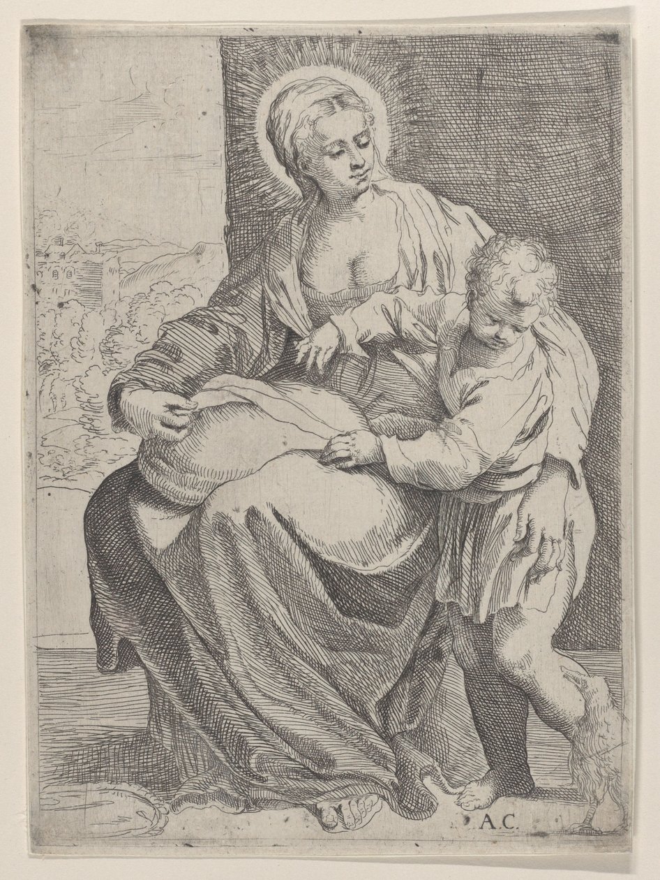 Siedząca Dziewica trzymająca poduszkę na kolanach z młodym Chrystusem stojącym po prawej..., 1580-1600. autorstwa Annibale Carracci