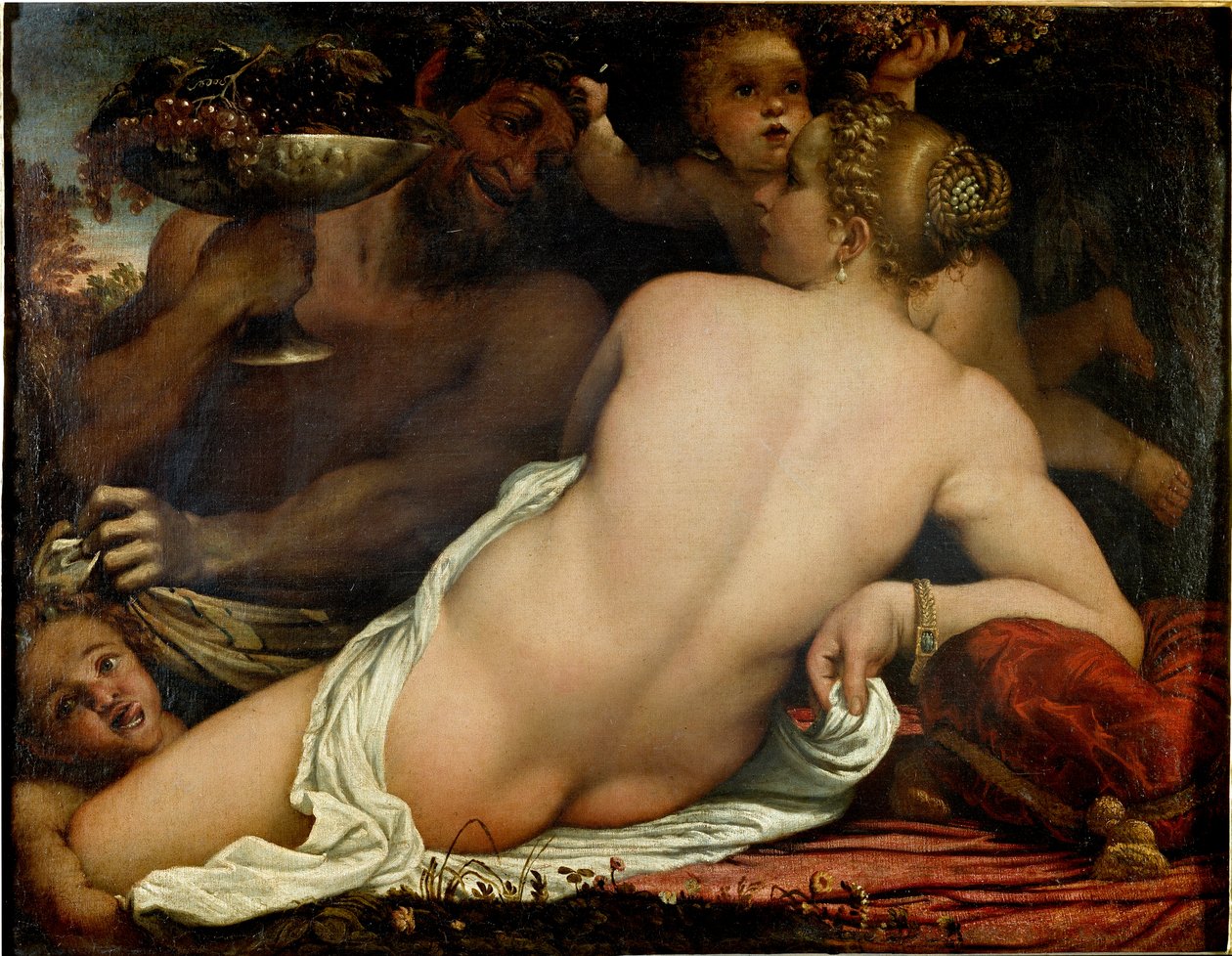 Bachantka, Wenus, satyr i dwa amorki, detal (olej na płótnie, ok. 1588) autorstwa Annibale Carracci