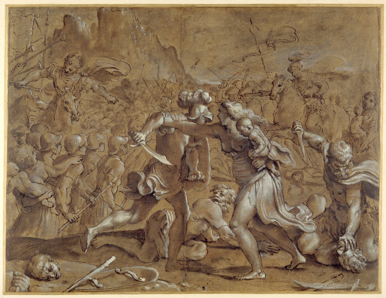 Bitwa Rzymian z Sabinami (pióro i atrament z wash i gwasz na papierze) autorstwa Annibale Carracci