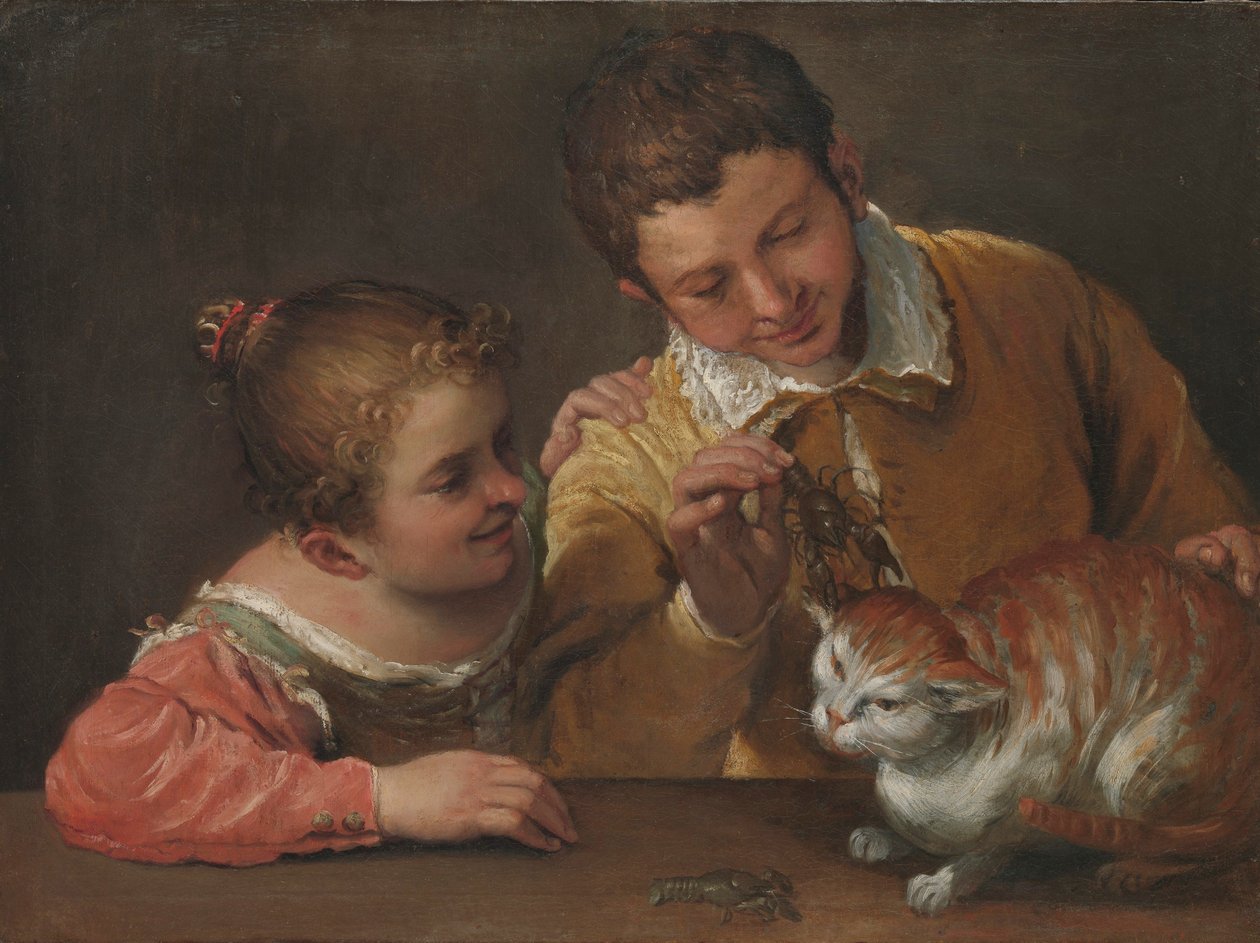 Dwoje dzieci drażni kota (olej na płótnie) autorstwa Annibale Carracci