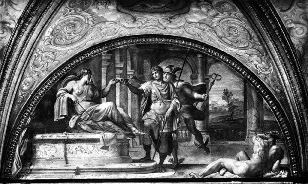 Ulysses and Circe, luneta z „Galleria di Carracci” (sala Carracci) 1597-1604 (fresk) (zdjęcie czarno-białe) autorstwa Annibale Carracci