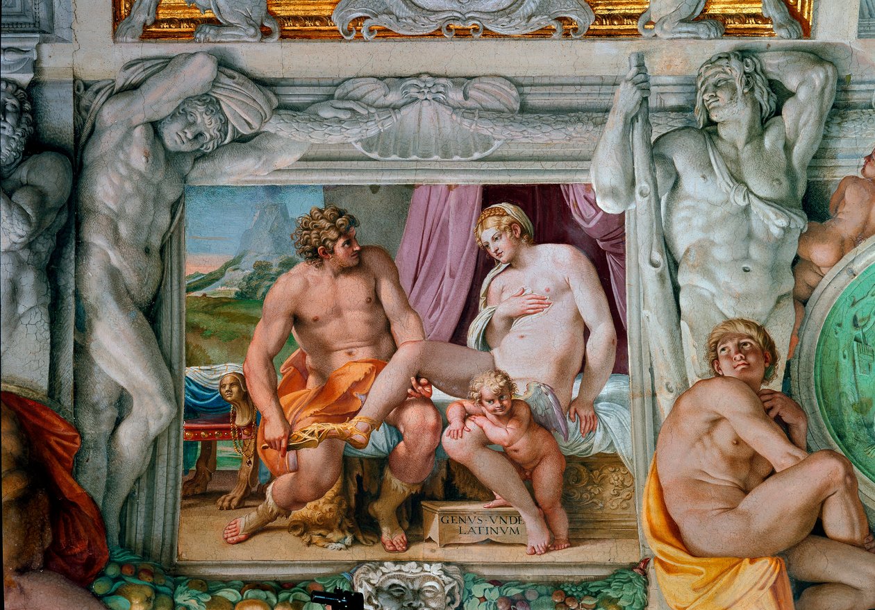 Fresk Wenus i Anchise autorstwa Annibale Carracci (Annibal Carrache) (1560-1609). 1597-1600 Rzym, Pałac Farnese autorstwa Annibale Carracci