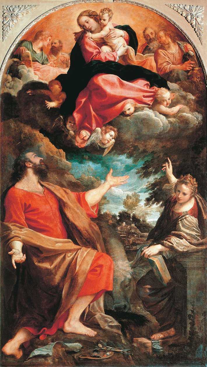 Dziewica ukazuje się świętym Łukaszowi i Katarzynie – Annibale Carracci (1560-1609), olej na płótnie, 401x226 cm, ok. 1592 autorstwa Annibale Carracci