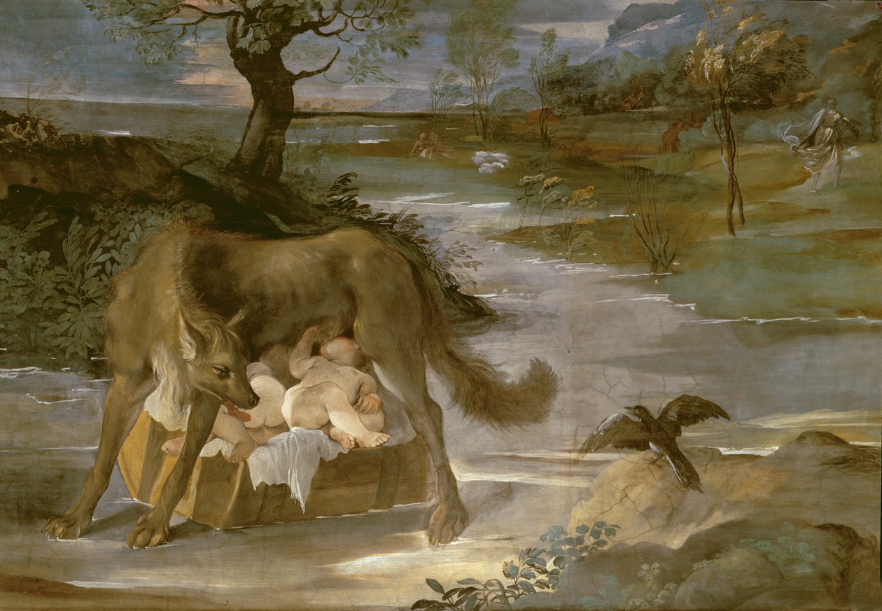 Wilczyca karmiąca Romulusa i Remusa, z cyklu Historia Romulusa, ok. 1590 autorstwa Annibale Copy Carracci
