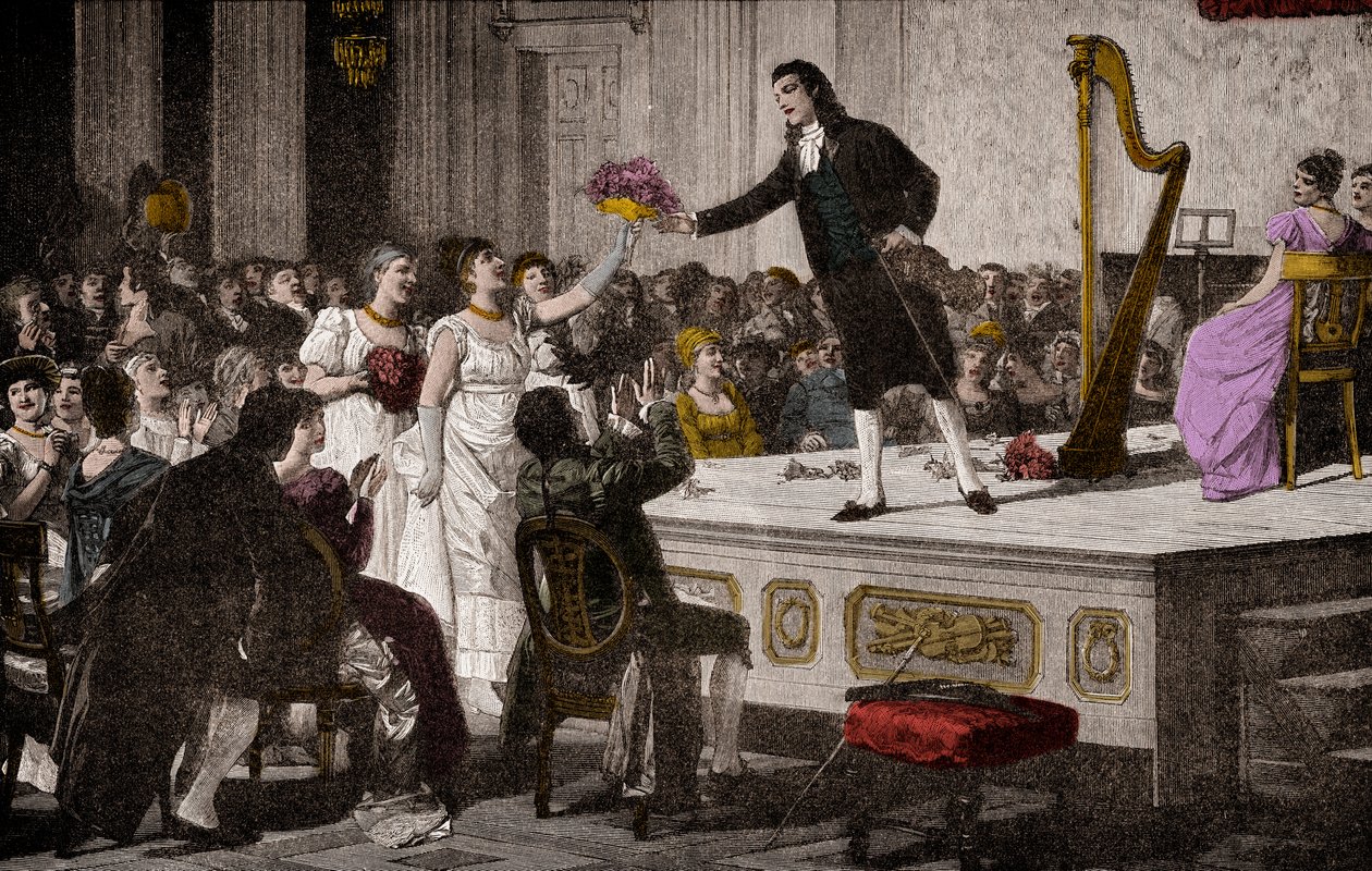 Niccolo Paganini (1792-1840) pierwsze triumfy - Drzeworyt po obrazie Annibale Gatti (1828-1909) autorstwa Annibale Gatti
