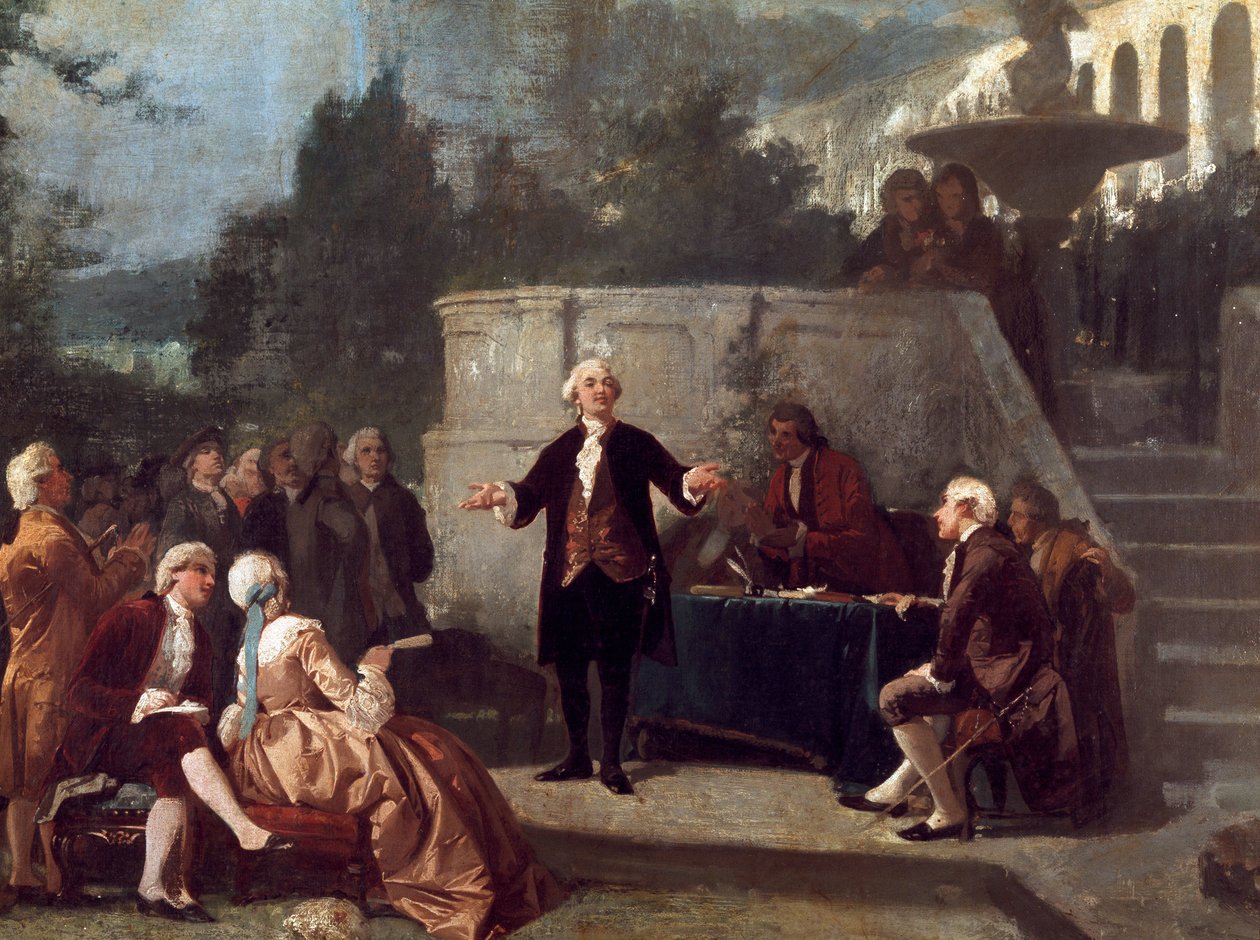 Włoski dramaturg Carlo Goldoni (1707-1793) deklaruje sonet przed członkami Colonia Alfea (odpowiednik Akademii Arkadii w Pizie) w Ogrodzie Scotto w Pizie Obraz Annibale Gatti (1828 - 1909) autorstwa Annibale Gatti