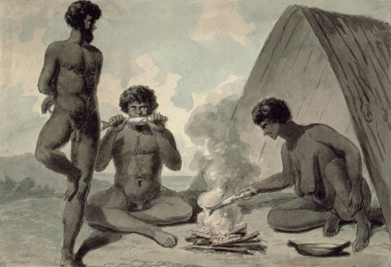 Aborygeni jedzący ryby przy ognisku, prawdopodobnie autorstwa Philipa Gidleya Kinga (1758-1808) autorstwa Unbekannt Unbekannt
