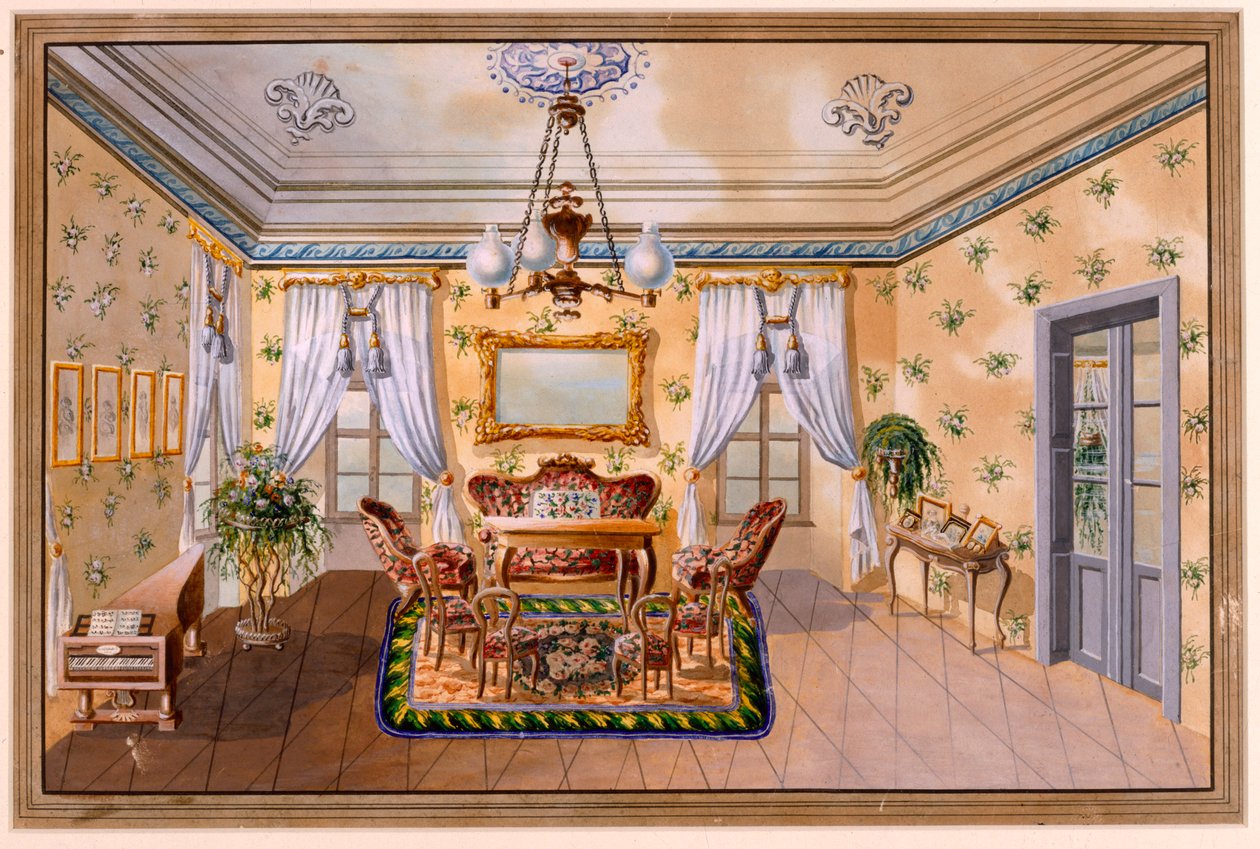 „Sala biedermeierowska”, niemiecki Anon ok. 1830, akwarela autorstwa Unbekannt Unbekannt