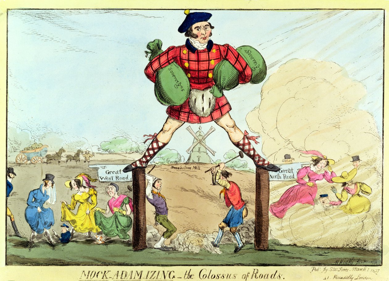 Mock-Adam-izing: Colossus of Roads, paszkwil Johna MacAdama, 1827 (druk) autorstwa Unbekannt Unbekannt
