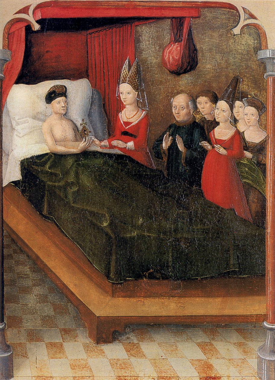 Weingartener Heilig-Blut-Tafel z 1489 r. Landesmuseum Württemberg, Stuttgart.   Ilustracja 20: Po śmierci hrabia Balduin przekazał relikwię swojej córce Judith autorstwa Unknown
